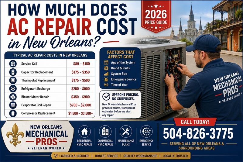 How much does AC repair cost in New Orleans? 2026 price guide from New Orleans Mechanical Pros, a veteran-owned HVAC contractor serving New Orleans, LA.