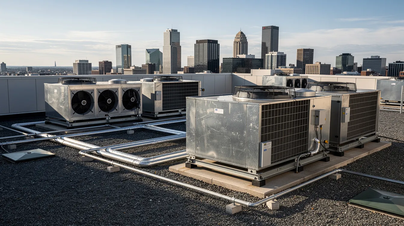 The image depicts multiple rooftop HVAC units installed on a large commercial building, with a city skyline visible in the background. This setup highlights the importance of air conditioning systems in maintaining indoor air quality and comfort for New Orleans residents, especially during the intense heat of summer.