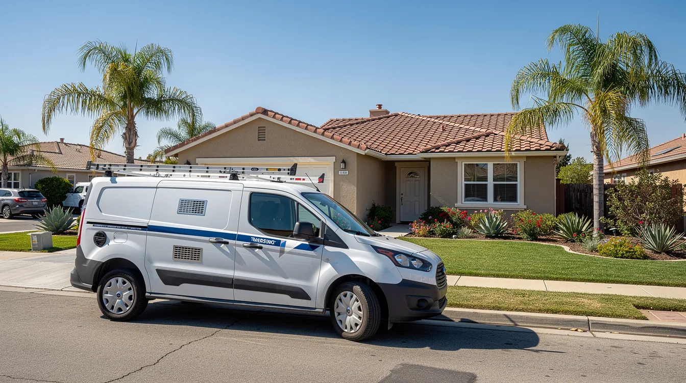 A white HVAC service van is parked in front of a residential house in a warm climate neighborhood, ready to provide air conditioning services. The scene suggests a focus on maintaining indoor air quality and comfort for New Orleans homeowners during the intense heat of summer.