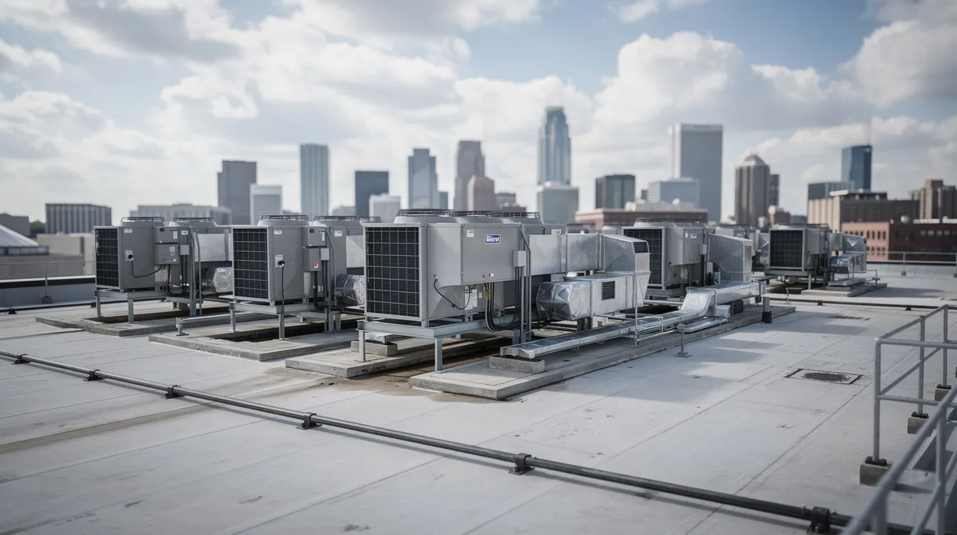 The image shows multiple rooftop HVAC units on a flat commercial building, with a bustling city skyline visible in the background under a partly cloudy sky. This scene highlights the importance of regular HVAC maintenance and ac repair costs for ensuring proper airflow and comfort in urban settings like New Orleans.