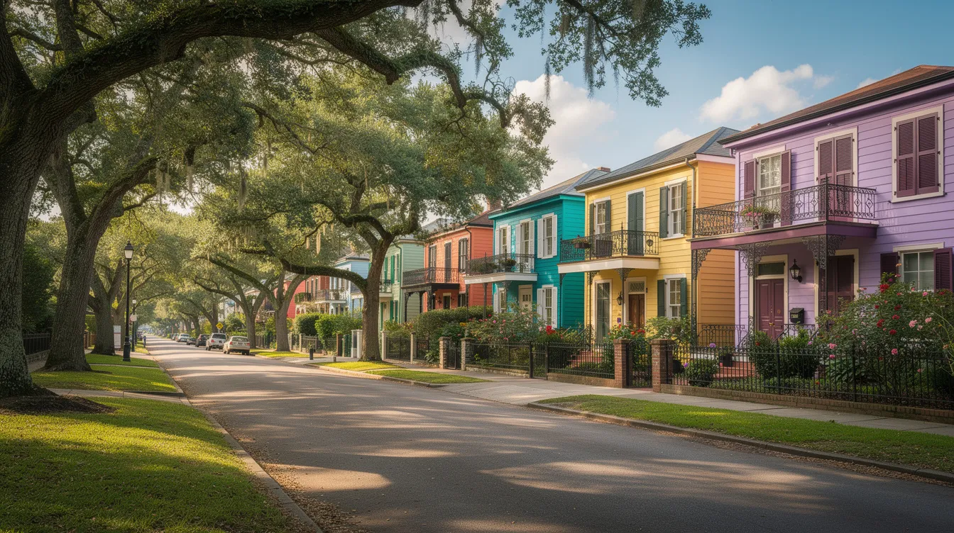 The image depicts a row of vibrant New Orleans residential homes, each featuring lush green yards and mature oak trees lining a tranquil street. This picturesque scene highlights the charm of the neighborhood, inviting thoughts of comfortable living and the importance of maintaining a reliable HVAC system for indoor air quality, especially during the warm summer months.
