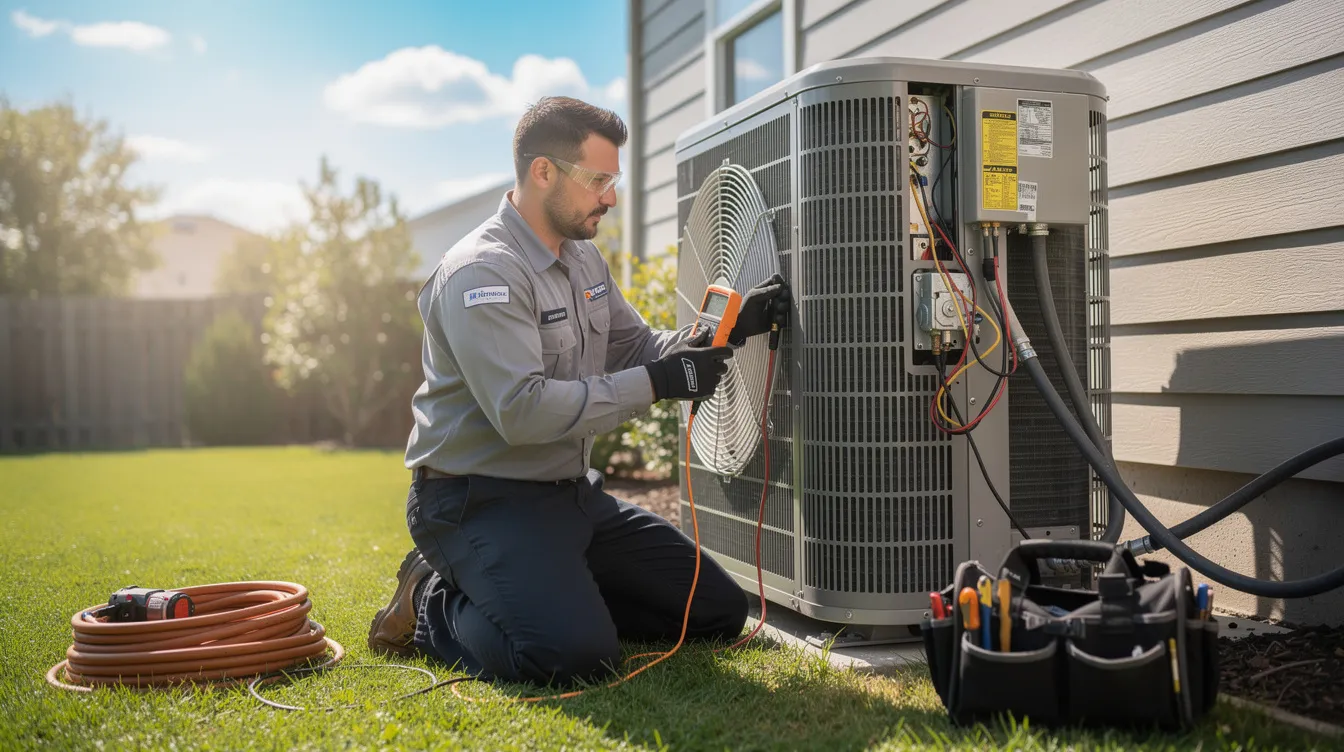 An HVAC technician in uniform is diligently repairing an outdoor air conditioning unit on a warm sunny day, using various tools to address potential issues such as refrigerant leaks and ensuring proper airflow. This professional service is essential for maintaining efficient cooling, especially during the peak summer months in New Orleans.