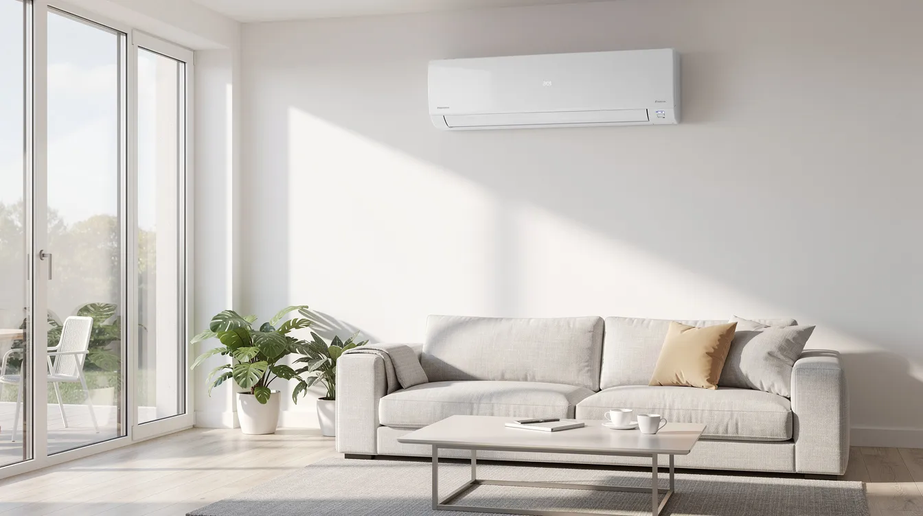 The image depicts a wall-mounted ductless mini split indoor unit installed in a bright living room, featuring large windows that allow natural light to fill the space. This modern AC unit contributes to the indoor air quality and comfort of the home, ideal for the warm climate of New Orleans.