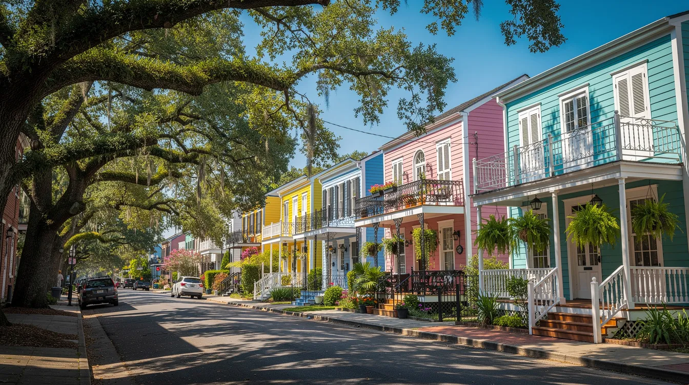 The image depicts a vibrant residential neighborhood in New Orleans, featuring colorful houses nestled among large oak trees under a clear summer sky. This picturesque scene reflects the warmth and charm of the area, where homeowners may also consider the importance of maintaining their air conditioning systems to ensure cool air during the hot months.