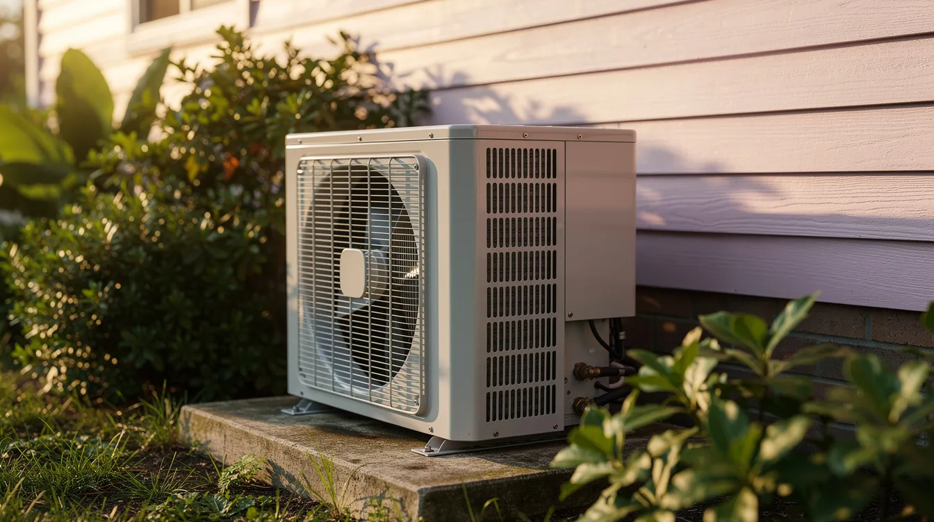A close-up image of an outdoor AC condensing unit is displayed, resting on a concrete pad beside a shotgun-style house surrounded by lush green vegetation. The warm sunlight highlights the air conditioning system, emphasizing its role in circulating cool air and maintaining comfort in the home.
