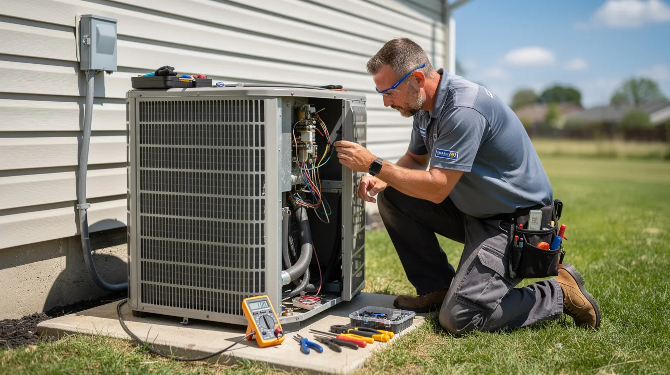 An HVAC technician in work clothes is inspecting the interior of an outdoor AC condensing unit on a sunny day, using specialized equipment to ensure the air conditioning system is functioning properly. The technician is focused on identifying any potential issues, such as refrigerant leaks or faulty components, to maintain the efficiency of the AC unit.