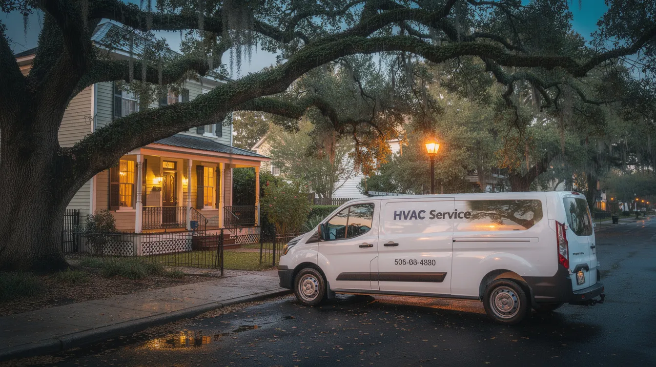 A white HVAC service van is parked on a tree-lined residential street in New Orleans at dusk, ready to assist homeowners with their air conditioning and heating services. The van represents expert HVAC services, ensuring reliable comfort for the residents in the area.