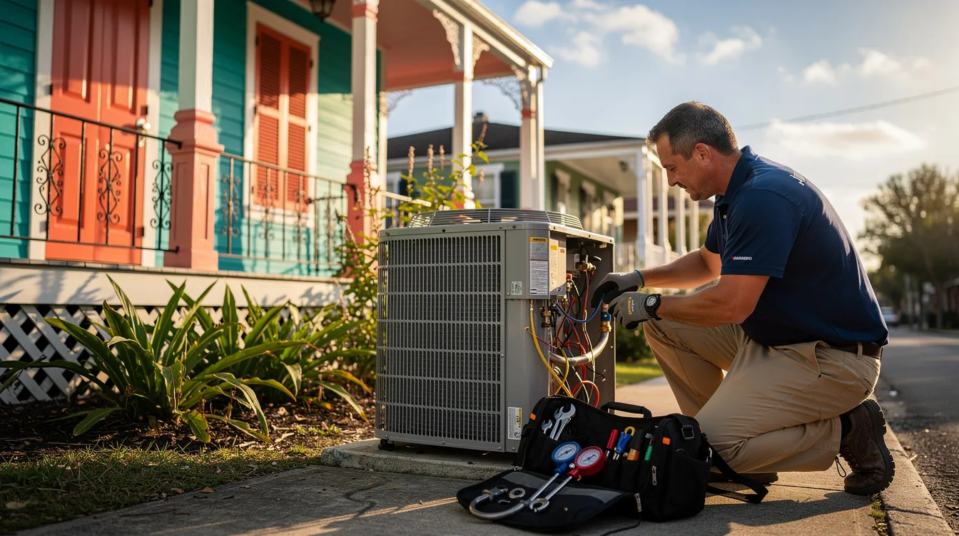 An HVAC technician is diligently working on an outdoor air conditioning condenser unit next to a vibrant New Orleans shotgun-style house under a clear blue sky. This scene highlights the importance of professional HVAC services in maintaining home comfort, especially during the warm summer months in the Gulf Coast region.