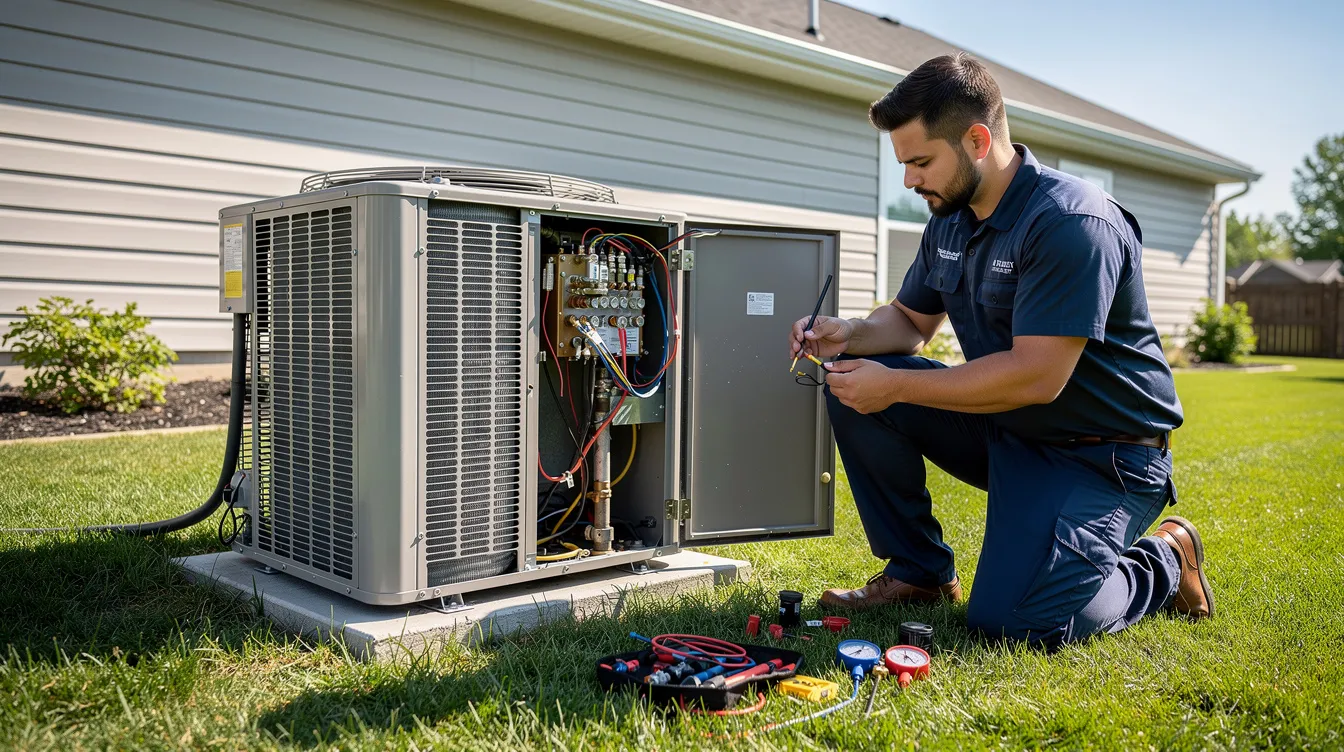 An HVAC technician in uniform is diligently working on an outdoor air conditioning condenser unit under the bright sun, ensuring optimal performance for cooling systems. This service is essential for maintaining indoor air quality and comfort in New Orleans homes during the hot summer months.