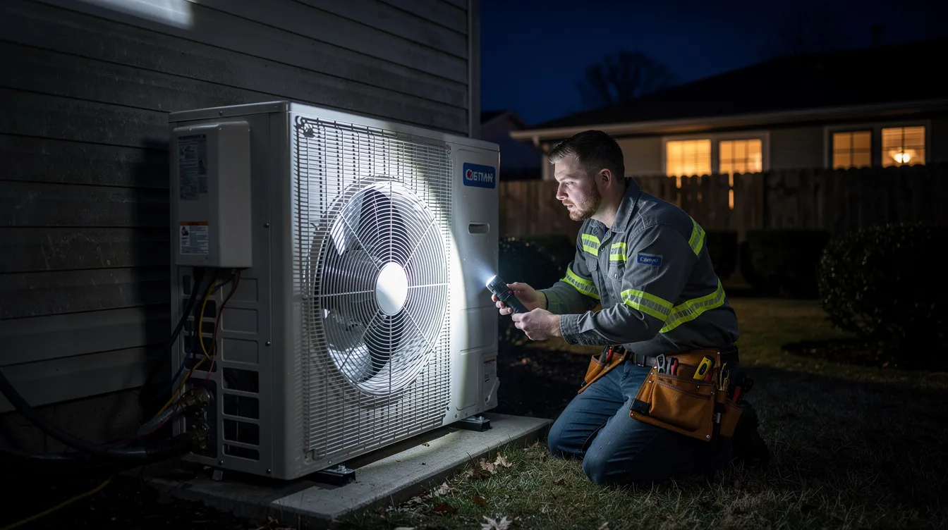 An HVAC technician is inspecting an outdoor AC condenser unit at night, using a flashlight to assess its condition on a residential property in New Orleans. The technician is focused on ensuring the air conditioning system is functioning properly, addressing any potential issues for the homeowners.