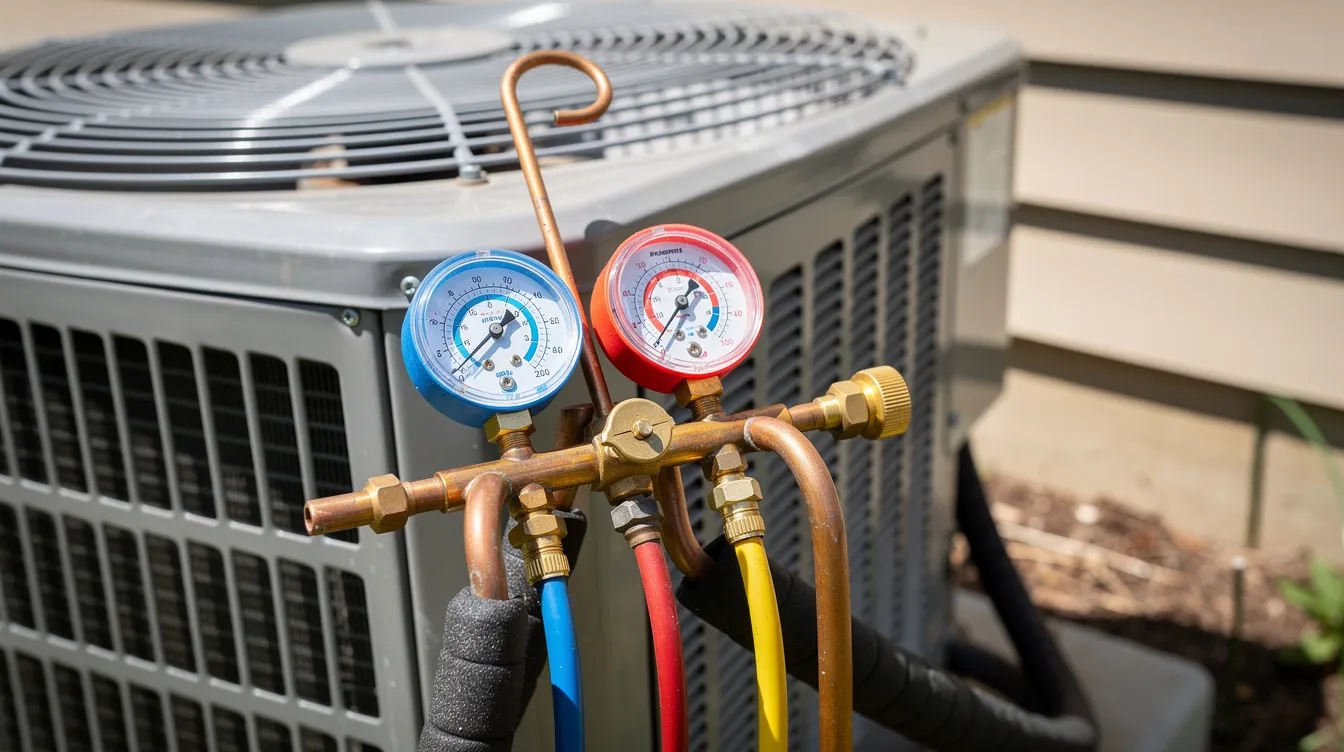 The image shows HVAC refrigerant gauges connected to copper lines on an air conditioning unit, indicating a service call in progress. This setup is essential for diagnosing issues within the system, helping technicians in New Orleans assess the cost and necessary repairs for efficient heating and cooling.