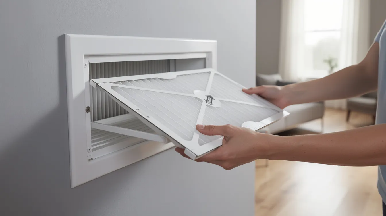 A homeowner is seen carefully sliding a clean new air filter into a wall-mounted return air vent inside a modern home, ensuring proper airflow for their air conditioning system. This regular maintenance is essential for preventing major component failures and keeping repair costs low, especially during the peak summer months in New Orleans.