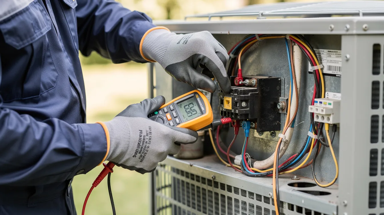 A technician is closely examining an AC unit using a multimeter to test its electrical components, ensuring the air conditioning system operates efficiently. This hands-on approach is essential for diagnosing HVAC issues and providing reliable comfort for New Orleans homeowners.