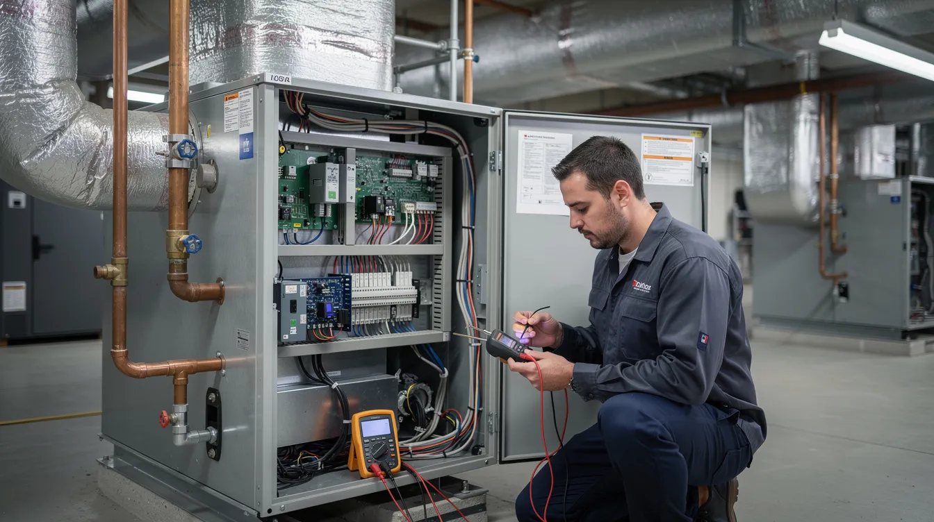 A technician in uniform is using diagnostic tools to assess an indoor HVAC air handler unit, ensuring optimal performance of the air conditioning system. This professional service is essential for maintaining indoor air quality and restoring comfort in homes, especially during the intense heat of summer in New Orleans.