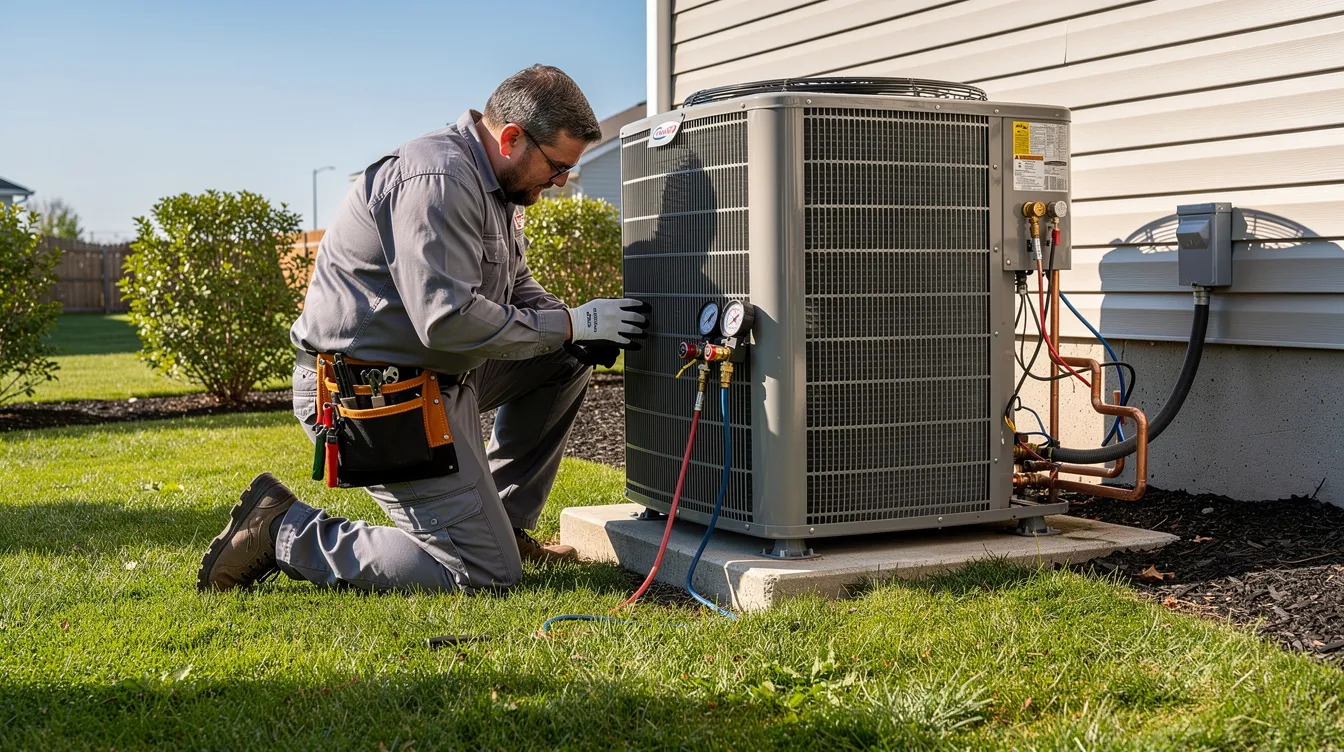 An HVAC technician is kneeling beside an outdoor condenser unit in a residential backyard on a sunny day, inspecting the air conditioning system for potential issues. This service call highlights the importance of regular maintenance and repairs to ensure the heating and cooling components function properly in New Orleans properties.