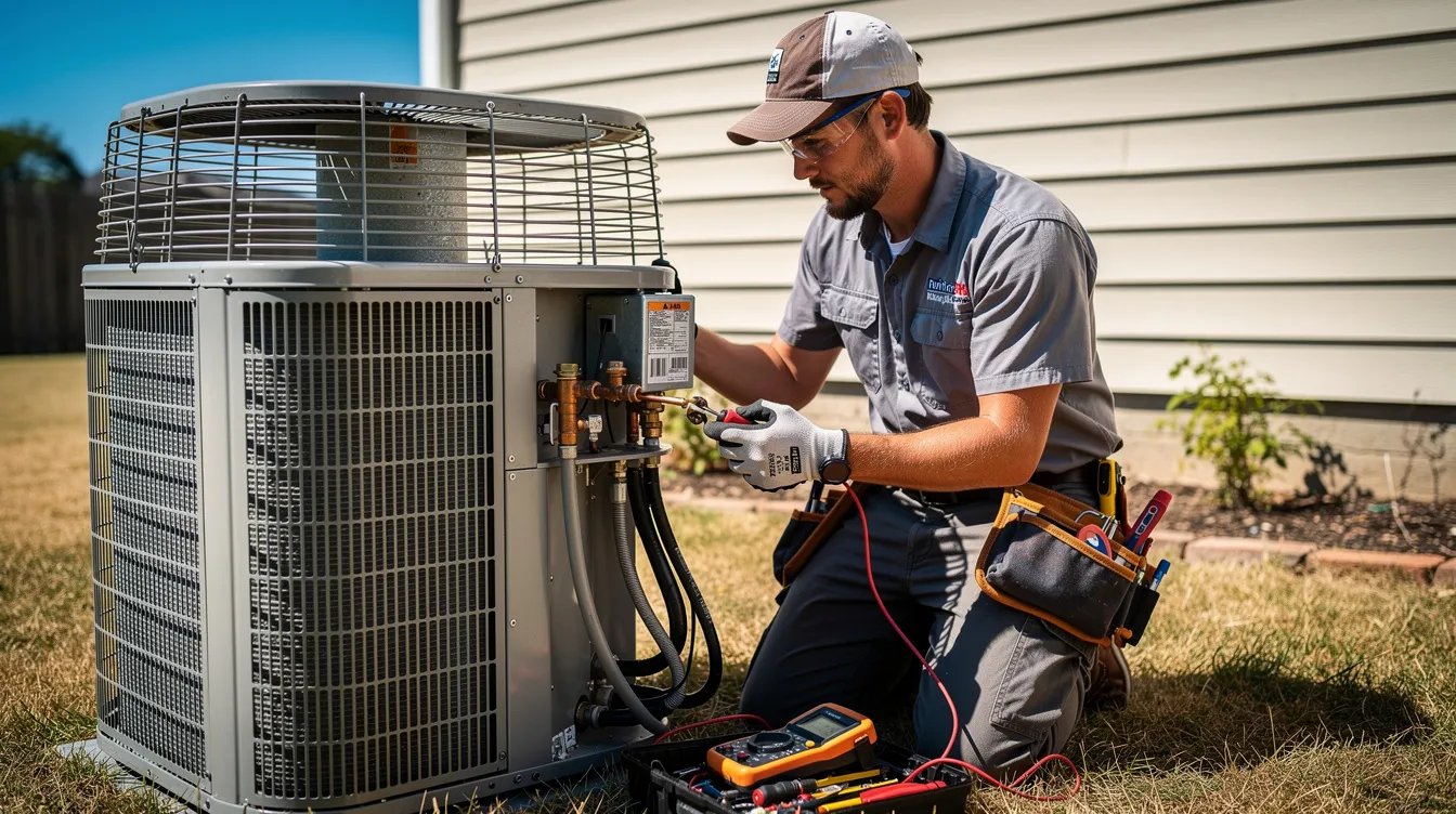 An HVAC technician in work gear is servicing an outdoor air conditioner condenser unit under the intense heat of a sunny day. The technician is focused on ensuring the air conditioning system operates efficiently to provide reliable comfort for New Orleans homeowners.