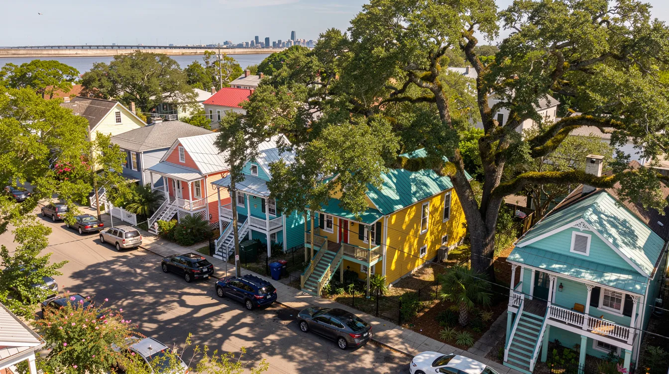 An aerial view showcases a vibrant New Orleans residential neighborhood, featuring colorful houses nestled among mature oak trees. This picturesque scene reflects the charm of Orleans homes, while also reminding homeowners about the importance of maintaining their HVAC systems for reliable comfort in the intense heat.