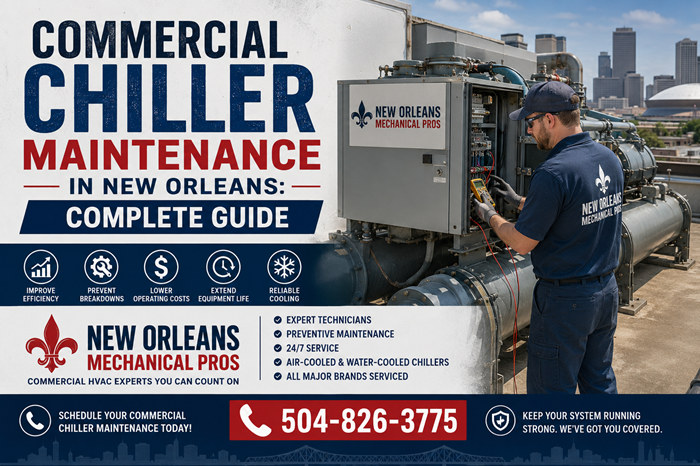 New Orleans Mechanical Pros technician performing commercial chiller maintenance on a rooftop water-cooled chiller in New Orleans, LA. Air-cooled and water-cooled chiller service, preventive maintenance, and 24/7 commercial HVAC repair. Call 504-826-3775.