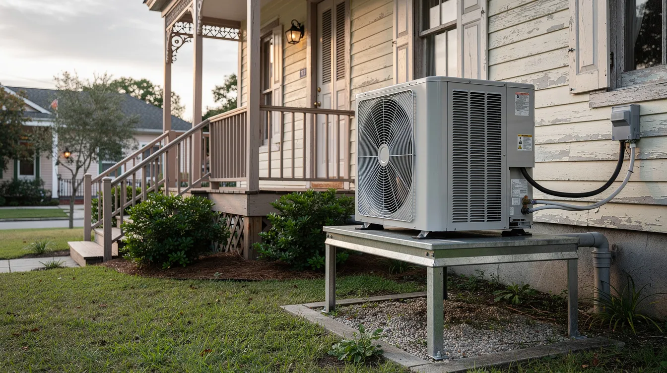The image shows an outdoor air conditioning condenser unit installed on a raised platform beside a traditional New Orleans-style house with a charming front porch. This setup highlights the importance of reliable cooling systems for maintaining indoor air quality in the warm climate of the New Orleans area.