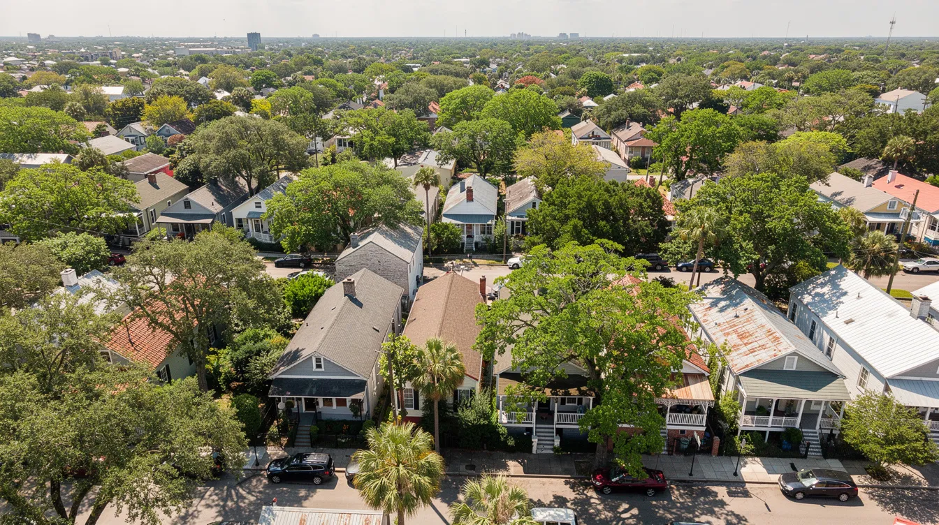 An aerial view of a vibrant residential neighborhood in New Orleans showcases lush green trees and traditional rooftops under a bright sunny sky. This picturesque scene reflects the charming character of New Orleans neighborhoods, where homeowners often invest in reliable air conditioning systems to maintain indoor air quality and comfort throughout the year.