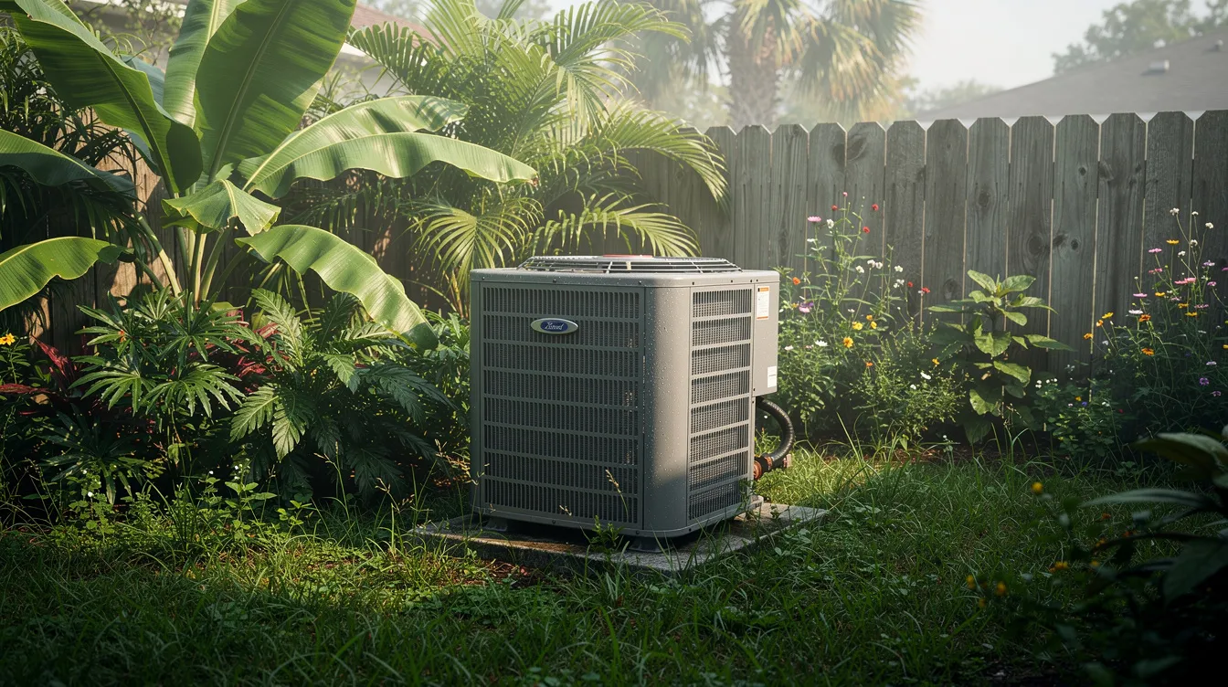 An outdoor air conditioning condenser unit is positioned next to a vibrant green backyard in New Orleans, surrounded by tropical plants and a wooden fence, highlighting the humid summer weather. This scene emphasizes the importance of regular HVAC maintenance to prevent major component failures and ensure proper airflow during the peak summer months.