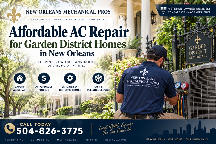 New Orleans Mechanical Pros technician performing Garden District AC repair on a historic New Orleans home