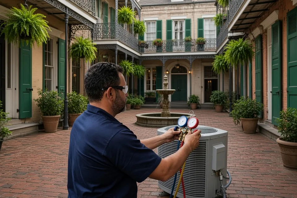 French Quarter AC repair for homes, rentals, and shops in 70116. Diagnosis before parts. Call New Orleans Mechanical Pros at (504) 826-3775 today.