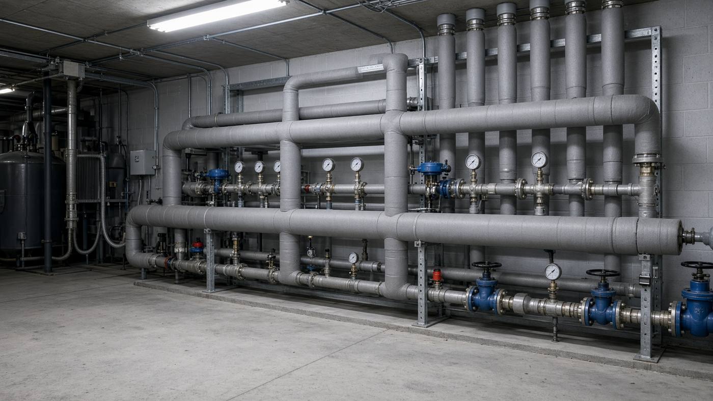 Insulated chilled-water piping and gauges in a mechanical room