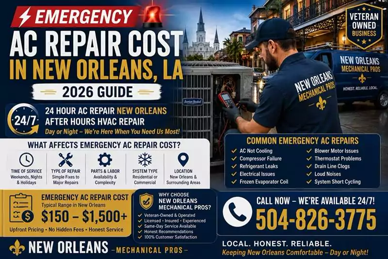 AC repair in New Orleans, 24 hours Monday through Friday. You get a window before a truck is sent. Veteran-owned. Call (504) 826-3775.