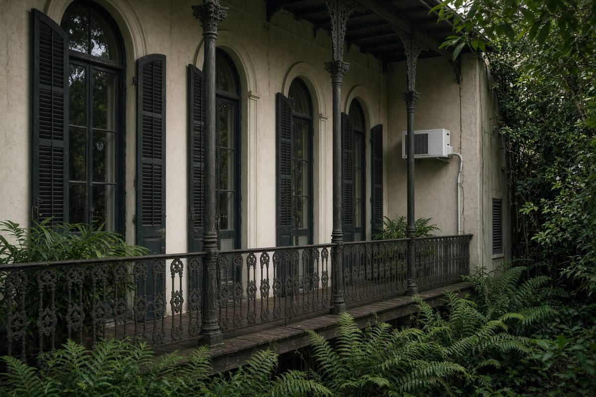 Side gallery of an older New Orleans house with a discreet wall-mounted ductless unit