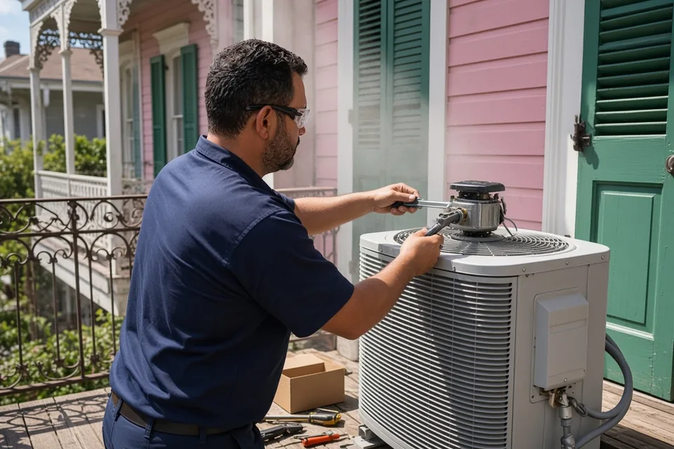 Same-day AC repair in New Orleans for units blowing hot air, not cooling, or leaking water. Weekday and Saturday slots when the board has room. Call (504) 826-3775.