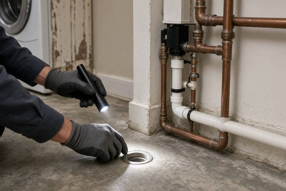 Gloved hands inspecting a floor drain beside copper and PVC water lines