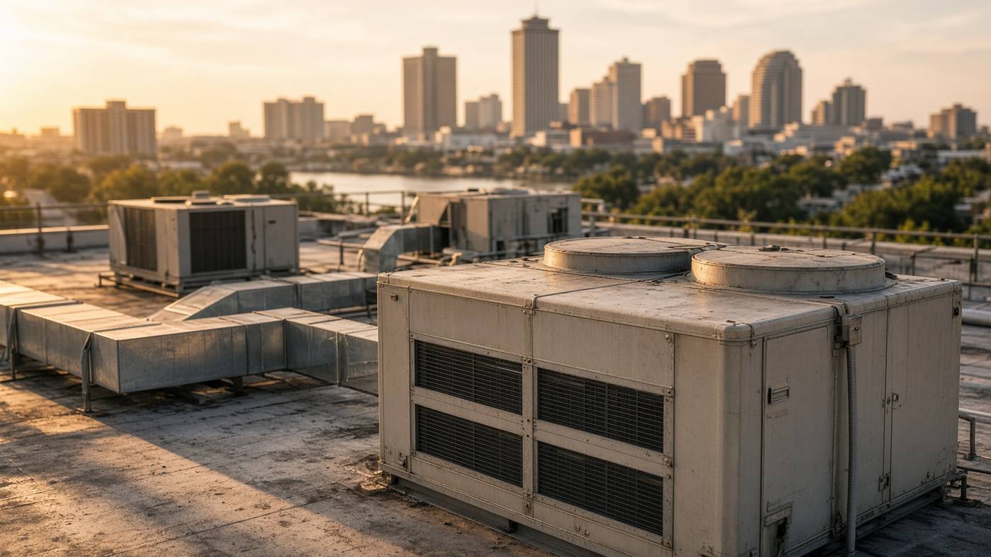 Packaged rooftop air conditioners on a flat commercial roof