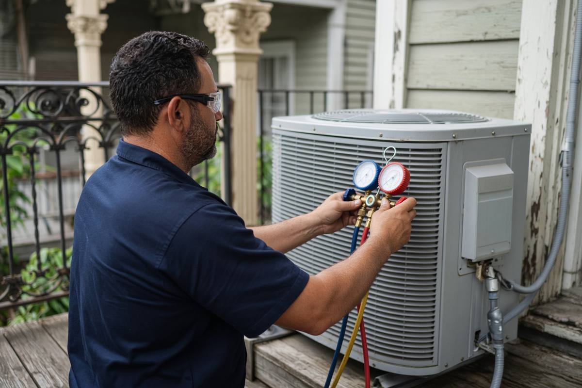 Technician checking manifold gauges on a residential condenser beside a porch